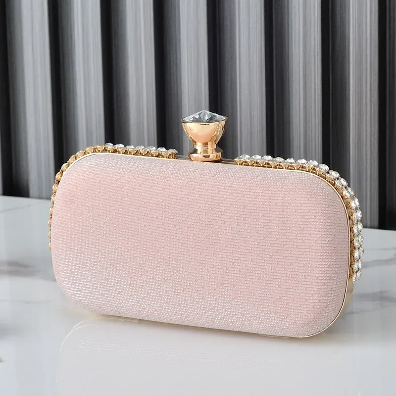 Women Light Pink Party Evening Bag Classic Diamonds Metal Frame White Clutches Simple Sweet Small Purse Crossbody Chain Handbag