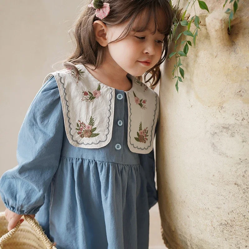 Girls Dress Spring Autumn Long Sleeve Lapel Embroidered Princess Dress Kids Clothes Fashion Korean Children Dresses 2 3 4 5 6 7Y