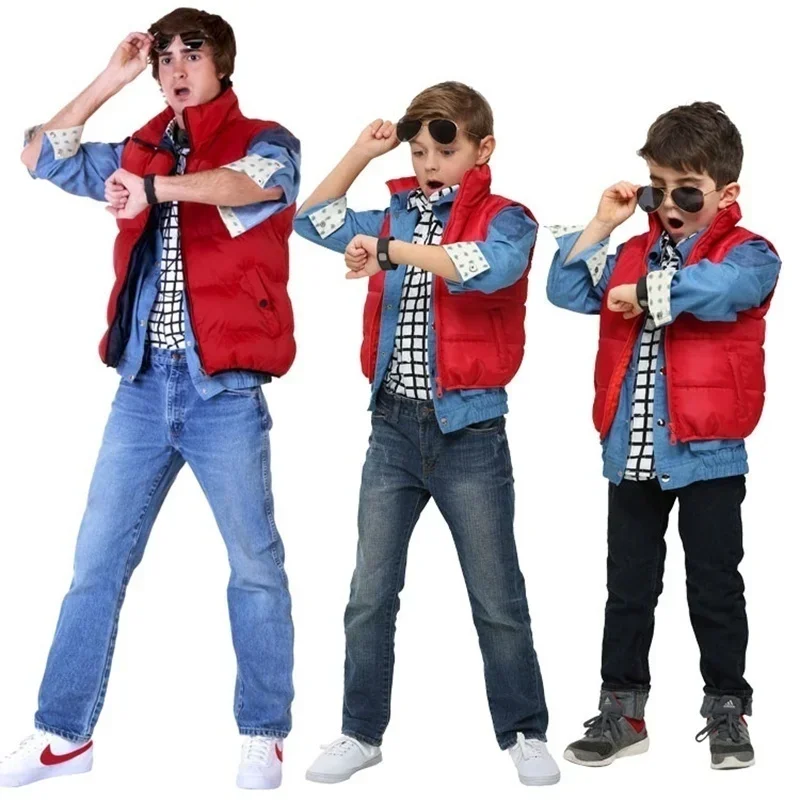 Film Back to The Future Cosplay Jacket Jr Marlene Seamus Marty McFly Red Cotton Vest Adult Kids Halloween Carnival Costume MN11