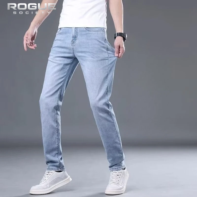 

Retro Slim Men Elastic Jeans Denim Lightweight Breathable Ice Silk Summer Thin Summer Trousers Male Trendy Straight Leg Pants