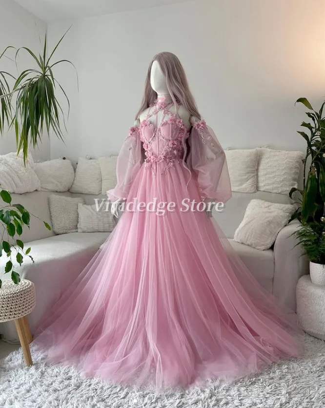 

Customized 2025 Vintage Pink Tulle Prom Dresses Wedding Lace Appliques Corset A-line Dresses Dreamy Evening Gowns