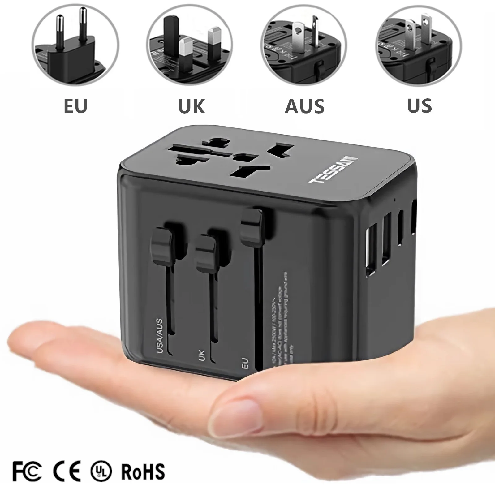 

TESSAN International Universal Travel Adapter with USB Ports & Type C Travel Charger Power Adapter EU/UK/USA/AUS Plug for Travel