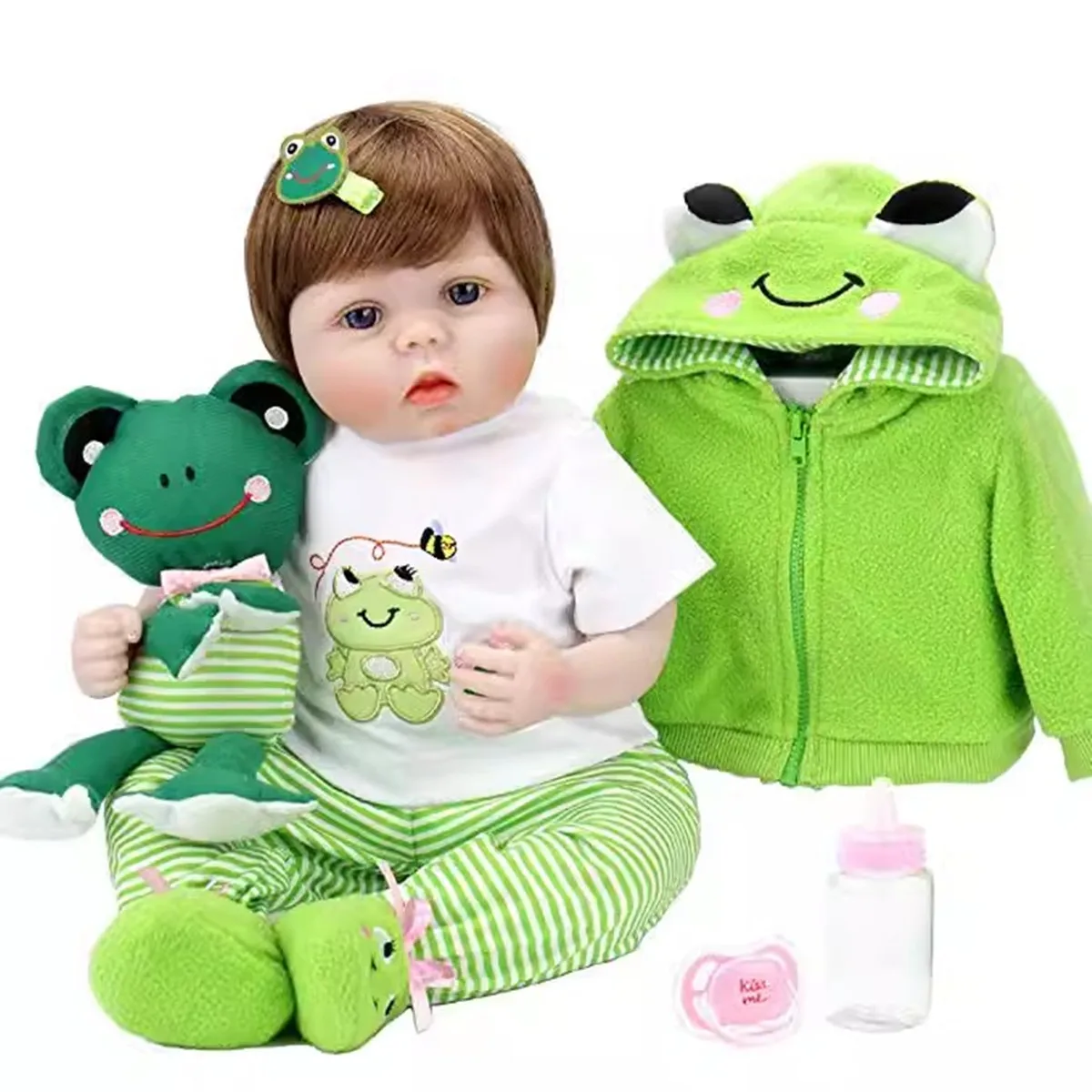 Cute Green Frog Clothes Sets Reborn Cloth Body Silicone Vinyl Baby Doll 55CM Handmade Newborn Baby Doll Birthday Christmas Gifts