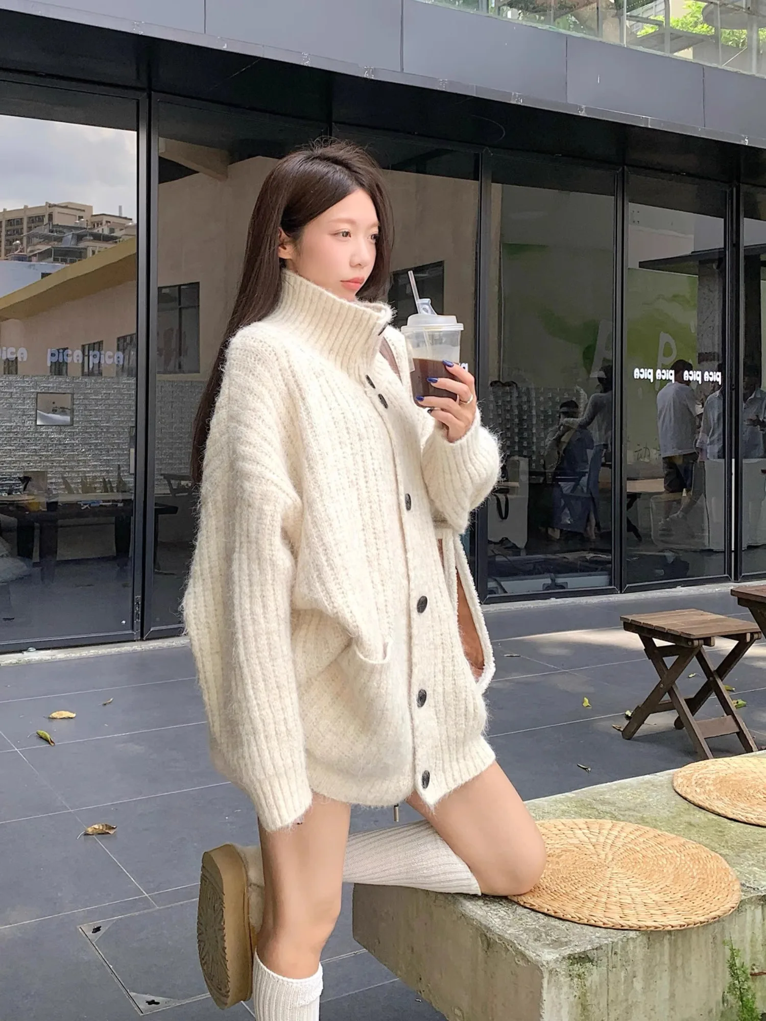 

Женский теплый вязаный кардиган с высоким воротником, свободного кроя, удлиненный, на осень-зиму, повседневный стиль