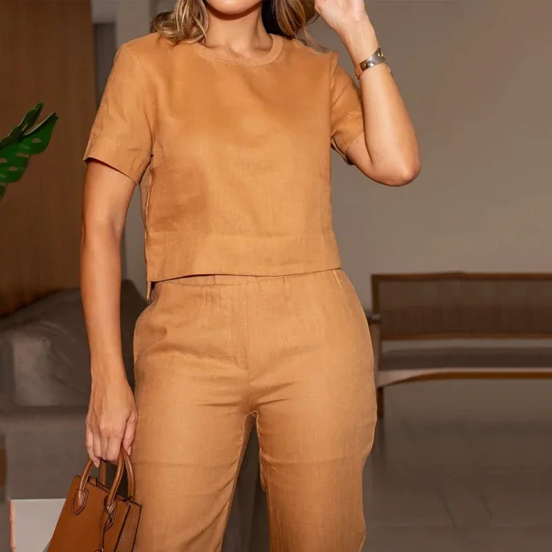 Wefads Summer Women 2 Piece Set Casual Solid Round Neck Short Sleeve Pullover Top Loose Straight Pants Sets With Fake Pockets