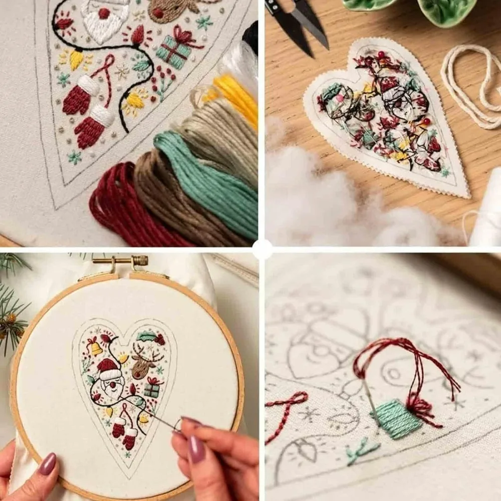 Embroidery Kit Christmas, DIY Heart Shaped Hand Embroidered Christmas Ornament Kit, Xmas Tree Hanging Ornament, Christmas Gift