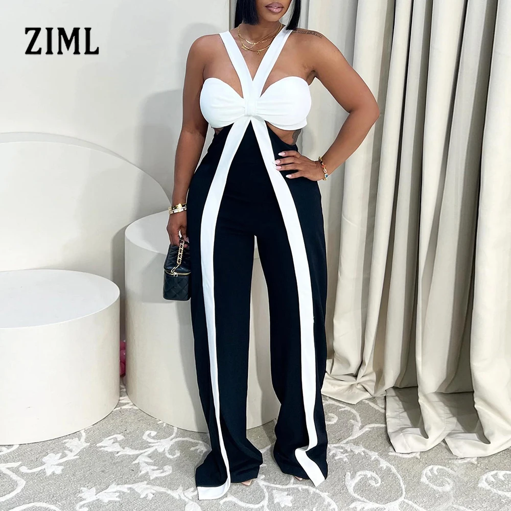 

ZIML Hit Color Sexy Slimming Jumpsuits For Women Square Collar Sleeveless High Waist Pants Summer Casual Jumpsuit Female Fashion
