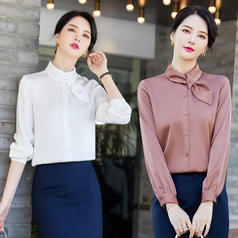 

Новая женская атласная блузка с длинным рукавом, весна 2026: модный дизайн, приталенный крой, для офиса, профессиональная, элегантная, деловая рубашка-топ