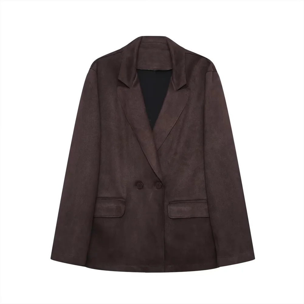 Nueva chaqueta de traje con efecto de gamuza de manga larga con solapa y bolsillo abatible informal a la moda para mujer de invierno