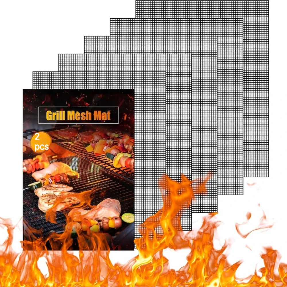 2Pcs BBQ Mesh Grill Mat Non‑Stick Heat Resistant PTFE Net Barbecue Sheet for Gas Charcoal Grill Outdoor BBQ Cooking Accessories
