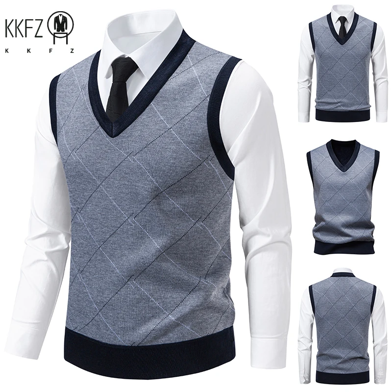 

Knitted Warm Sweater for Men, V-neck Vest, Diamond Grid, Twisted Flower Casual Fashion Versatile Top Autumn and Winter