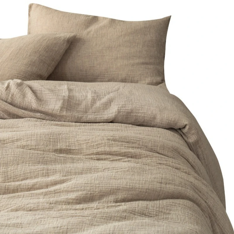 Fabric innovation Plain color cotton and linen double-layer yarn Sheet four-piece set Simple high-end quilt cover Cotton bedding