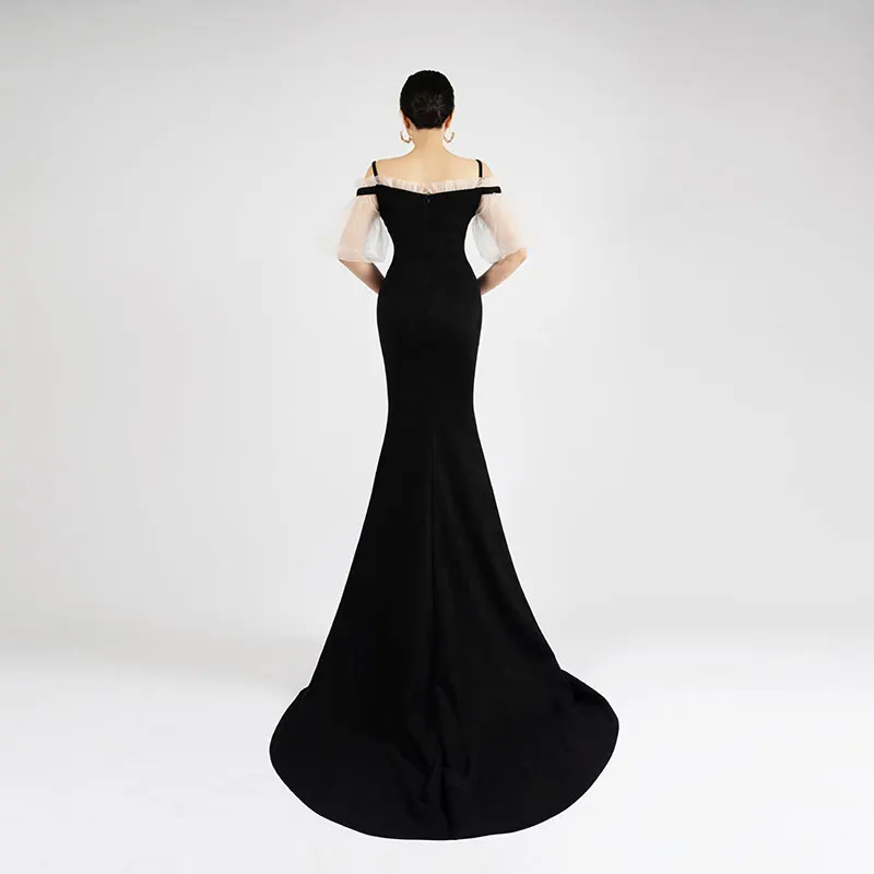 Baisha Black Gala Dress For Women Fashion Elegant Long Mermaid Gown Gauze Sleeve For Special Occasions Prom Party Clothing H1134