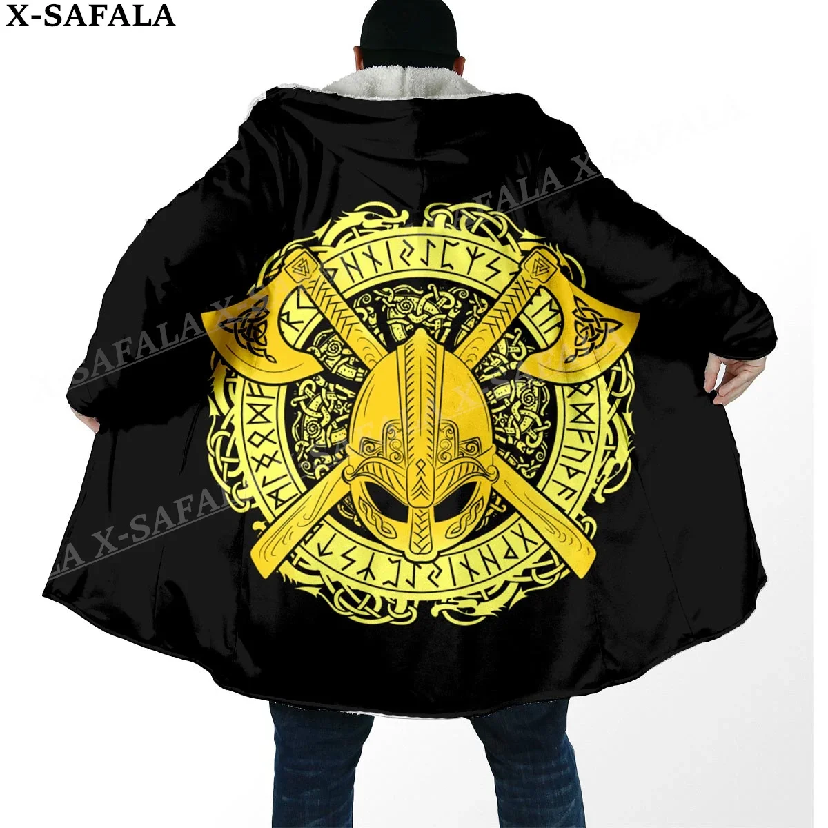 Viking Odin Tattoo Symbool Totems Art Dikke Warme Kapmantel Mannen Overjas Jas Winddicht Fleece Cape Gewaad Capuchon Deken-7