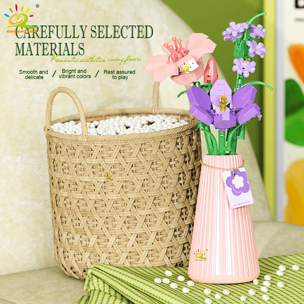 HUIQIBAO MOC Flower Eternal Bouquet with pot Micro Building Block Sunflower Rose Mini Model Brick Toy home Desk Decoration
