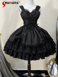 Japanese Lolita Dark Gothic Style JSK Lace Stitching Bow Lace-up V-neck Sleeveless High Waist Hot Sweet Black Cake Dress Women