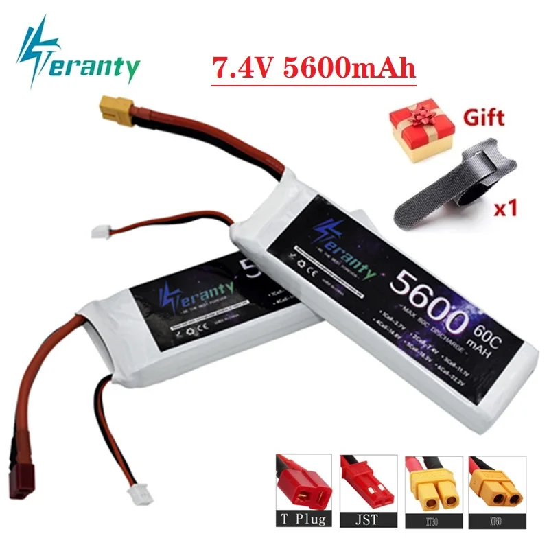 TERANTY 7.4V 2S 5600MAH 60C Lipo Battery For RC FPV Airplane Helicopter Drone Tank Model Racing Car Hobby JST XT60