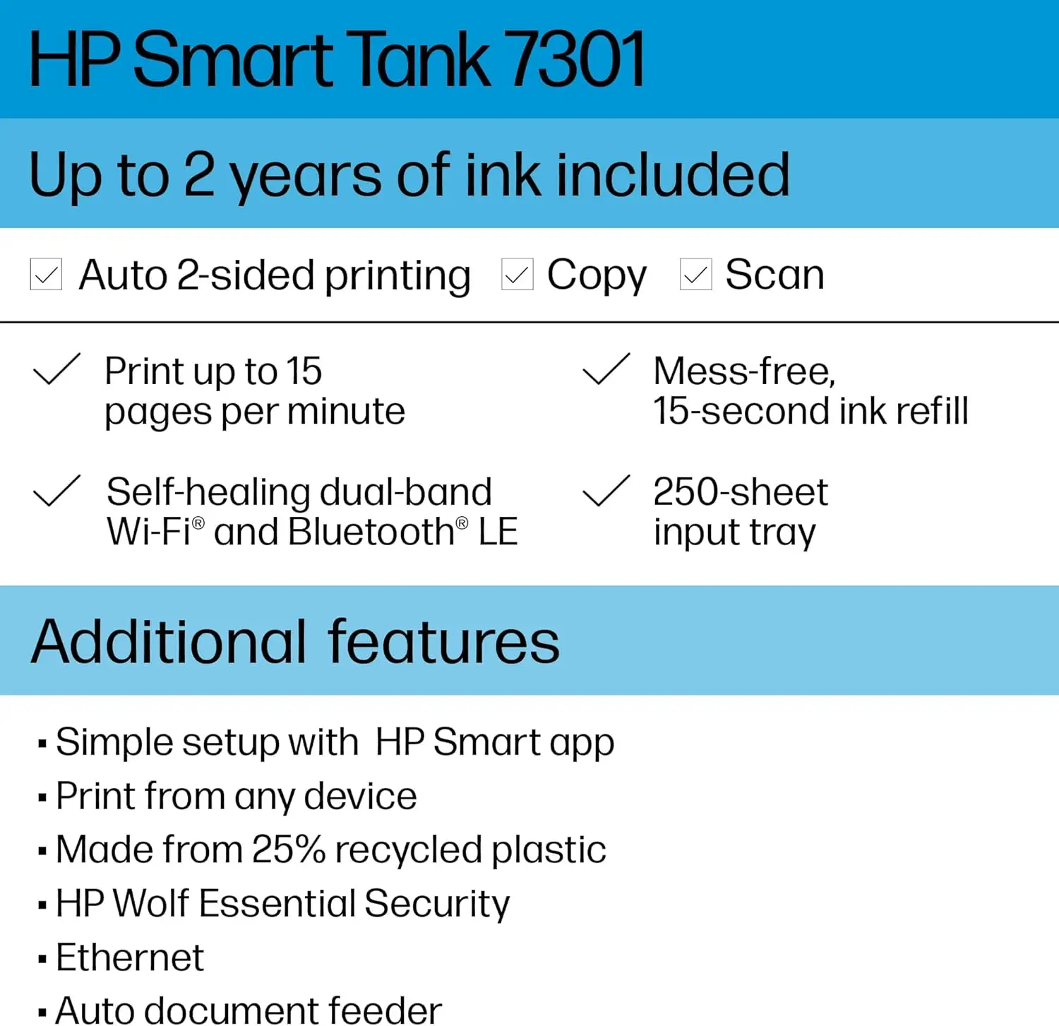 Cartridge-free Ink Printer, up to 2 years of ink included, mobile print, scan, copy