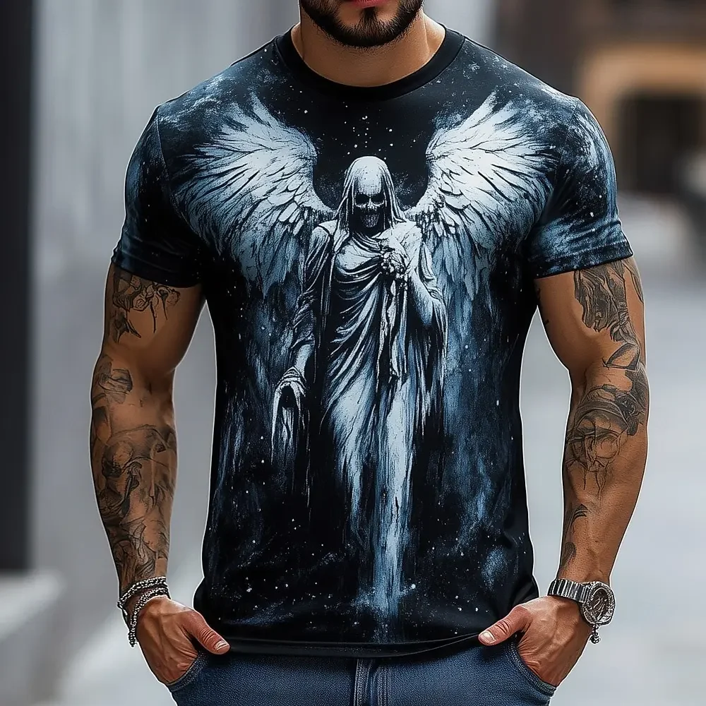 3D Angel Printed Men's and Women's Casual Short Sleeve T-Shirt Round Neck Fashion Trend Super Cool Men's Daily New Clothing