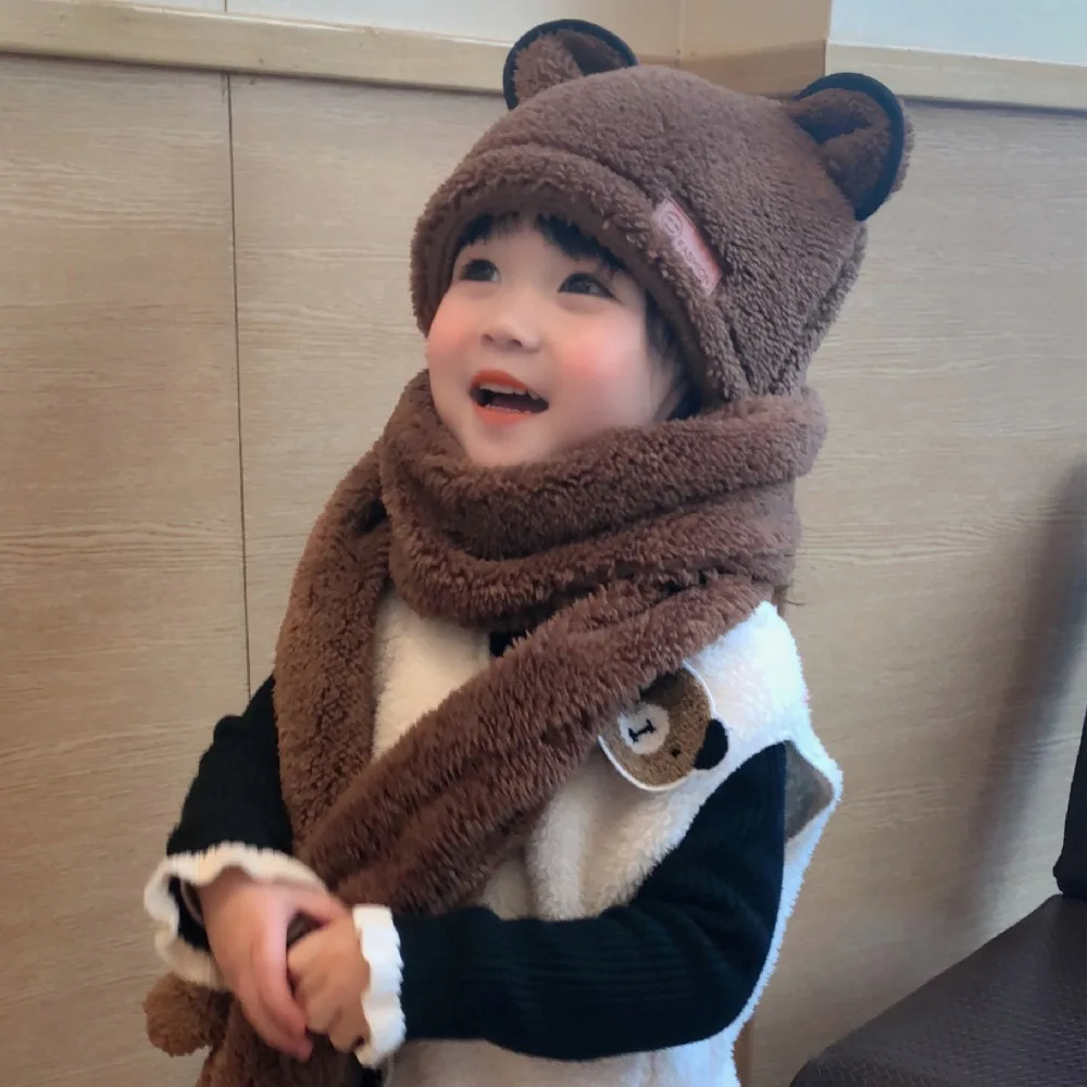 

Casual Cute Bear Ear Hat Scarf Gloves Set Plush Windproof Kids Beanies Caps Thicken Winter Warm Ear Protection Hat
