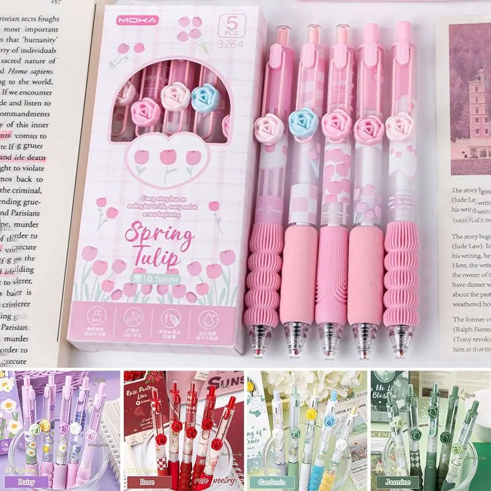 

5Pcs/Set Cute ST Nib Flower Press Gel Pen 0.5mm Black Ink Quick-drying Writing Stationery Smooth Writing Aesthetic Pens Exam