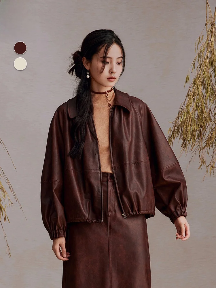 

Casual Short Sleeveless Jacket Lazy Style Long Sleeve Turn-down Collar Short Coat Women's Leather Jacket Zipper Closure Winte...