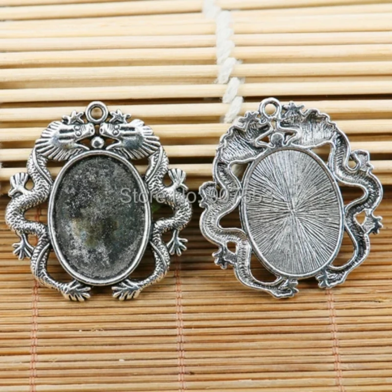 

5pcs tibetan silver tone double dragons rim oval cameo pendant EF1843