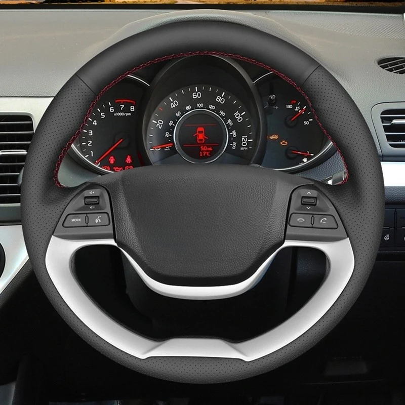 DIY Hand-stitched Black Artificial Leather Car Steering Wheel Cover for Kia Picanto 2012-2015 Morning 2011-2016