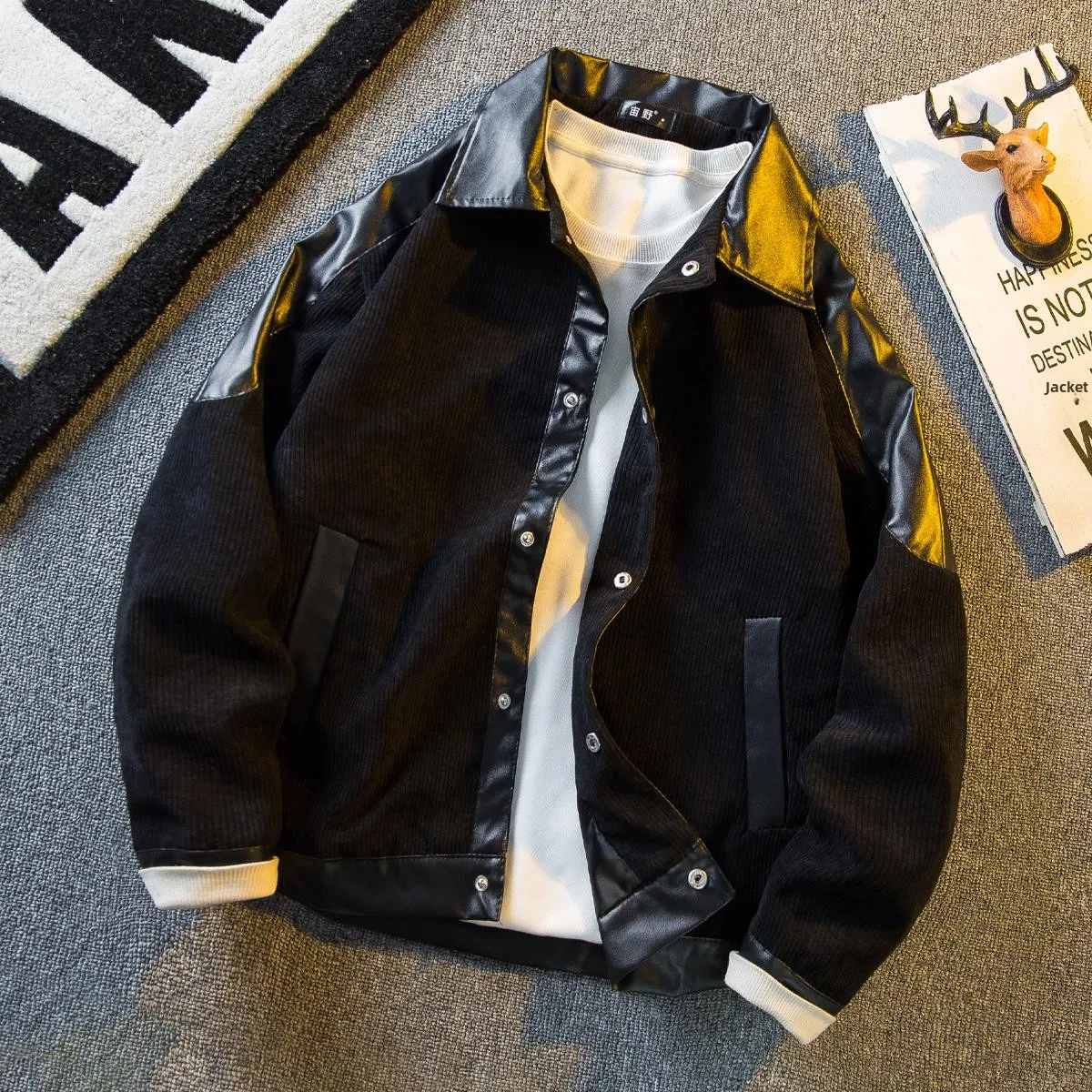 

Bla Corduroy Patchwork Men's Leather Jaet Spring Autumn High Sensation Cool Collar Motorcycle Jaet Loose Fit Long Sve