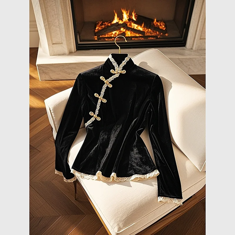 

Новая китайская женская черная бархатная рубашка в китайском стиле, зимняя рубашка в стиле ретро с кружевными пуговицами, нижняя рубашка, топ