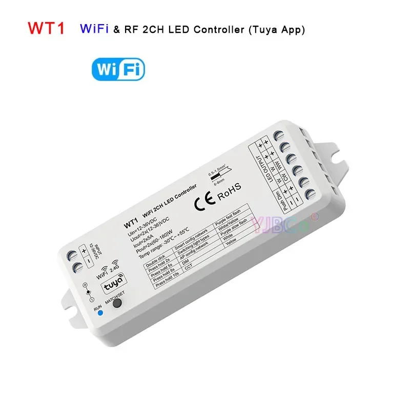 

WiFi Push-Dim 2 Channel Receiver WT1 Tuya APP Single color CCT LED Strip Dimmer Switch 12V 24V Wireless 2.4G RF WW CW Controller