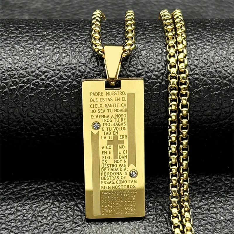 Christian Bible Verse Cross Medal Chain Necklace for Women Men Stainless Steel Spanish Our Father Medal Lord's Prayer Jewelry