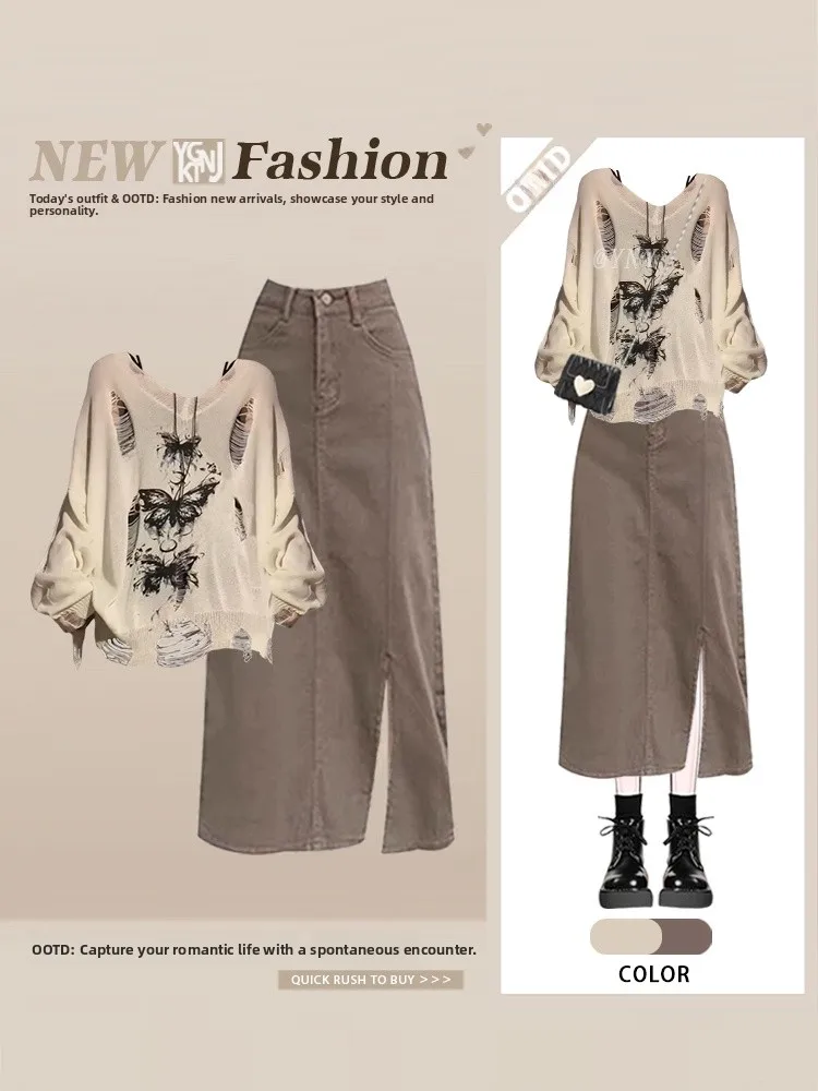 

Вязаный свитер с v-образным вырезом в стиле ретро, осенний облегающий джинсовый комплект с разрезом кофейного цвета, женский повседневный модный комплект