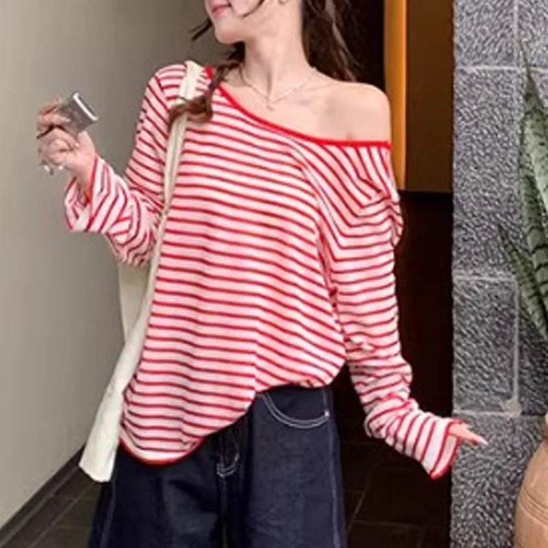 

Новые женские вязаные свитера и пуловеры с асимметричным воротником, топы с длинным рукавом, полосатые трикотажные изделия Q3570