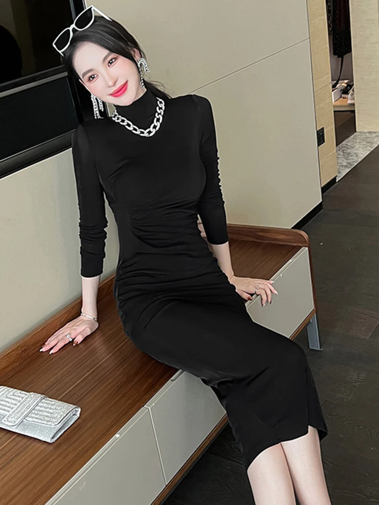 Mode Frauen Retro Falten Solide Grundlegende Midi Kleid Temperament Elegante Sexy Straße Kleidung Bodycon Dünne Innere-Spiel Weibliche kleid