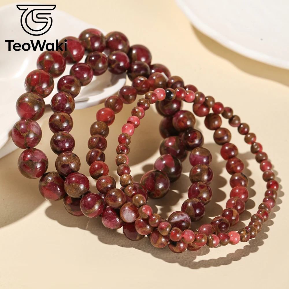 TeoWaki Natural Stone Bounce Bracelet Red Cloisonne Stone Bracelets for Women Men Elastic Rope Bangle Daily Jewelry Gift 19cm