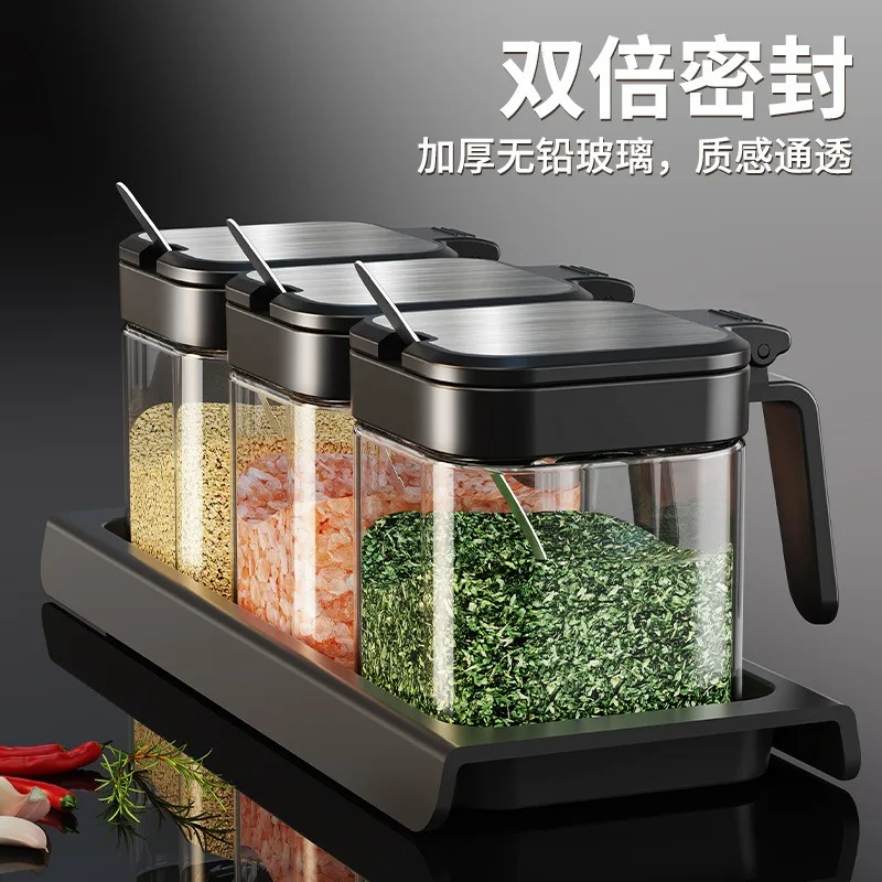 Glass seasoning jar, seasoning box with spoon, seasoning bottle combination, storage box sealed