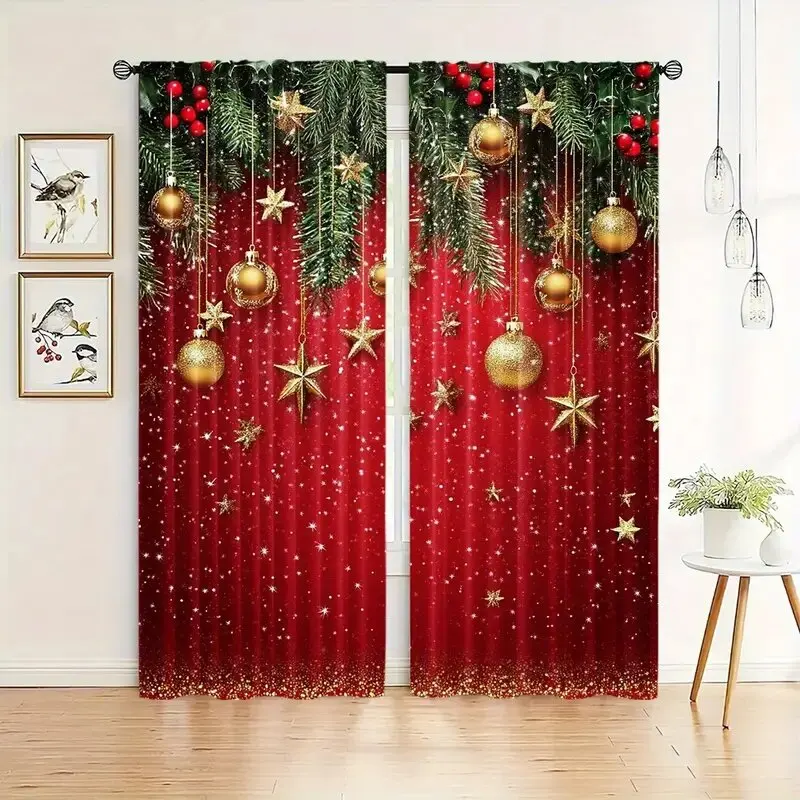 

2шт - рождественские шторы, праздничные красные рождественские шторы из полиэстера с принтом, украшение для дома, украшение комнаты