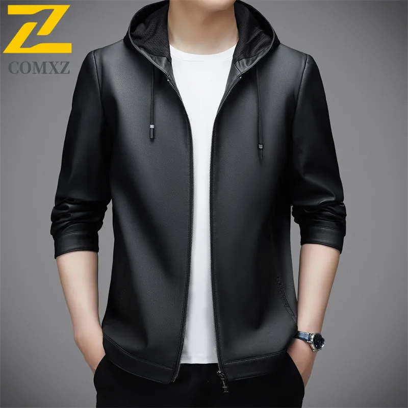 Mens Leather Jacket 2025 Autumn New Light Luxury Hooded Leather Coat Business Casual Stylish Wear Premium Quality Jackets