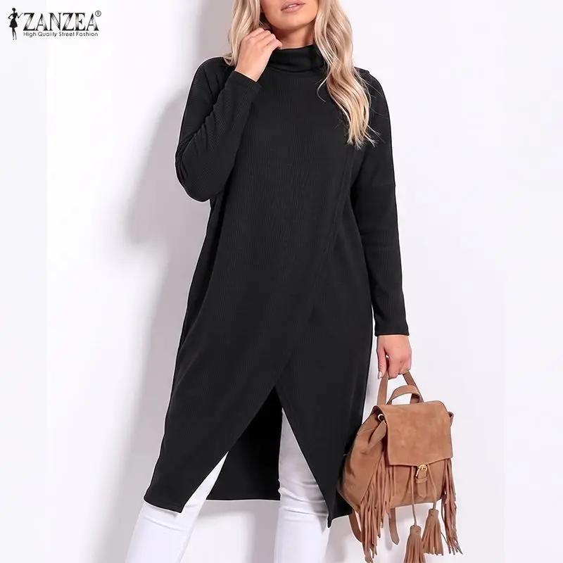 ZANZEA Autumn Winter Clothing Casual Loose Turtleneck Pullovers Women's Long Blouses Asymmetric Long Sleeve Loose Sweaters