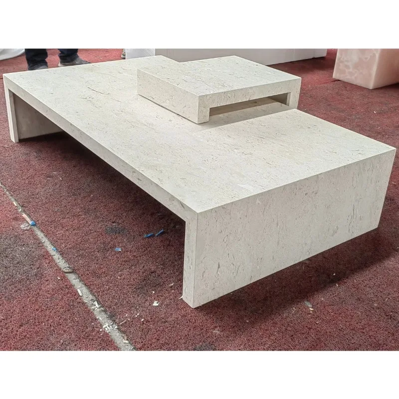 Modern Luxury Natural Beige Limestone Rectangular Coffee Table Creative Design  Marble  Tables