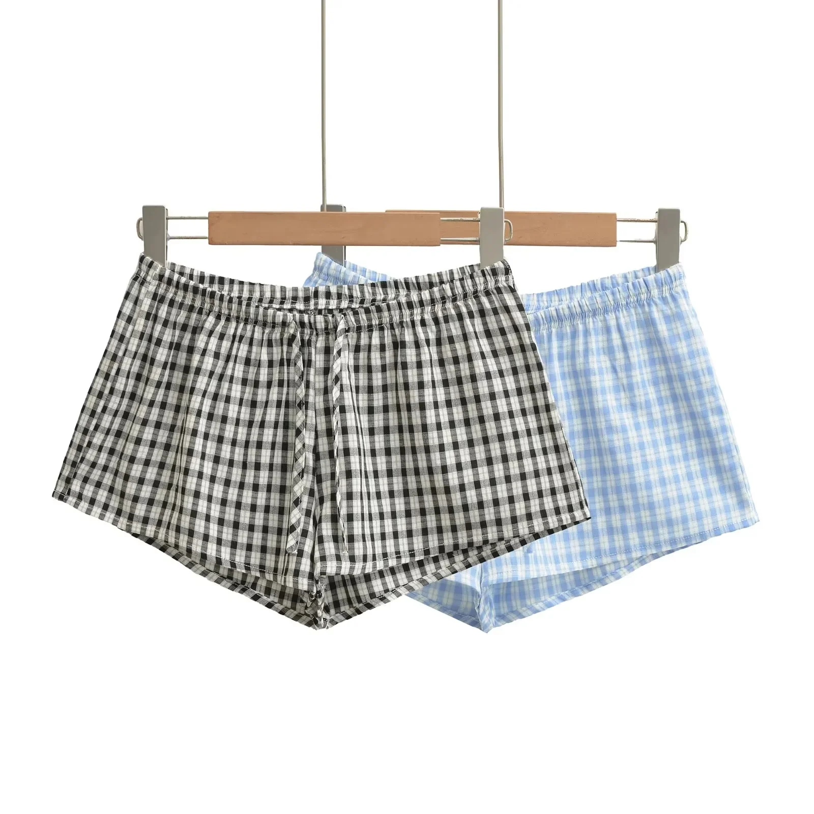 Sweet Plaid Elastic Waist Casual Shorts Women's Summer Style Loose Wide Leg Three-quarter Length Home Comfortable Breathable ...