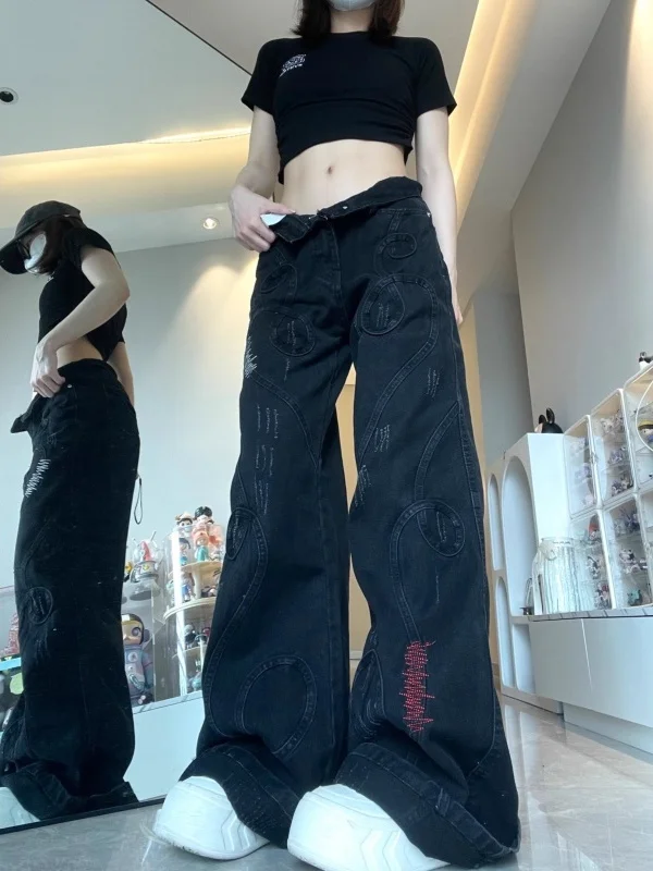 

Retro American Embroidered Denim Pants High Waist Loose Wide Leg Floor Length Trousers for Women Abrupt Flared Jeans