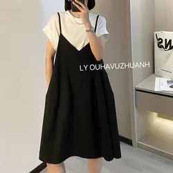 Luźny damski dwuczęściowy garnitur Casual oversize solidny kolor koszule prostota sukienki Camis na lato cienkie swetry odzież damska