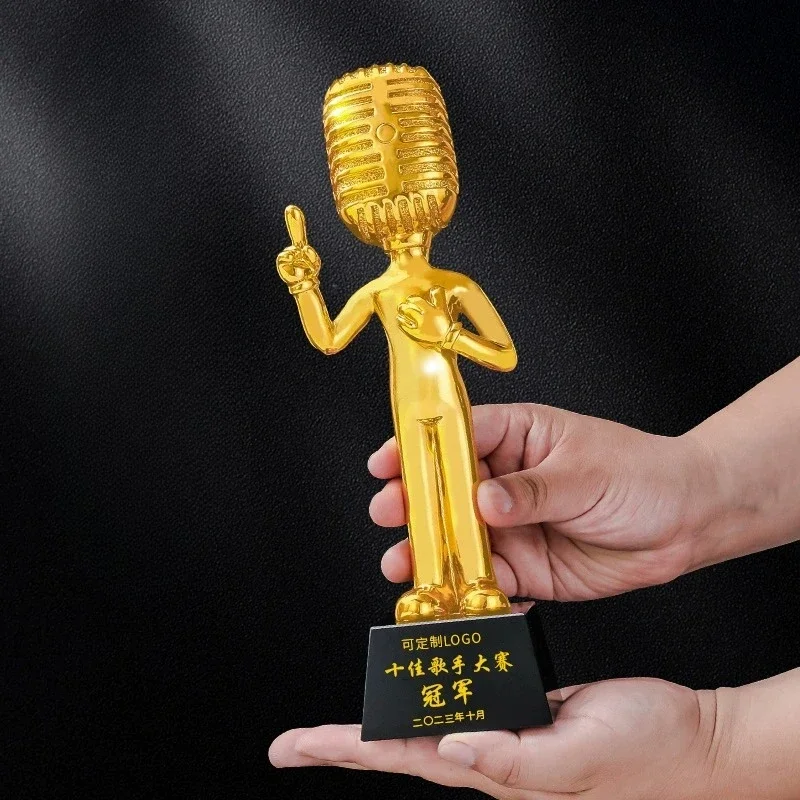 Customized Five-pointed Star Microphone Resin Trophy Crystal Base Excellent Host Singing Talent Activity Competition Awards, 1Pc