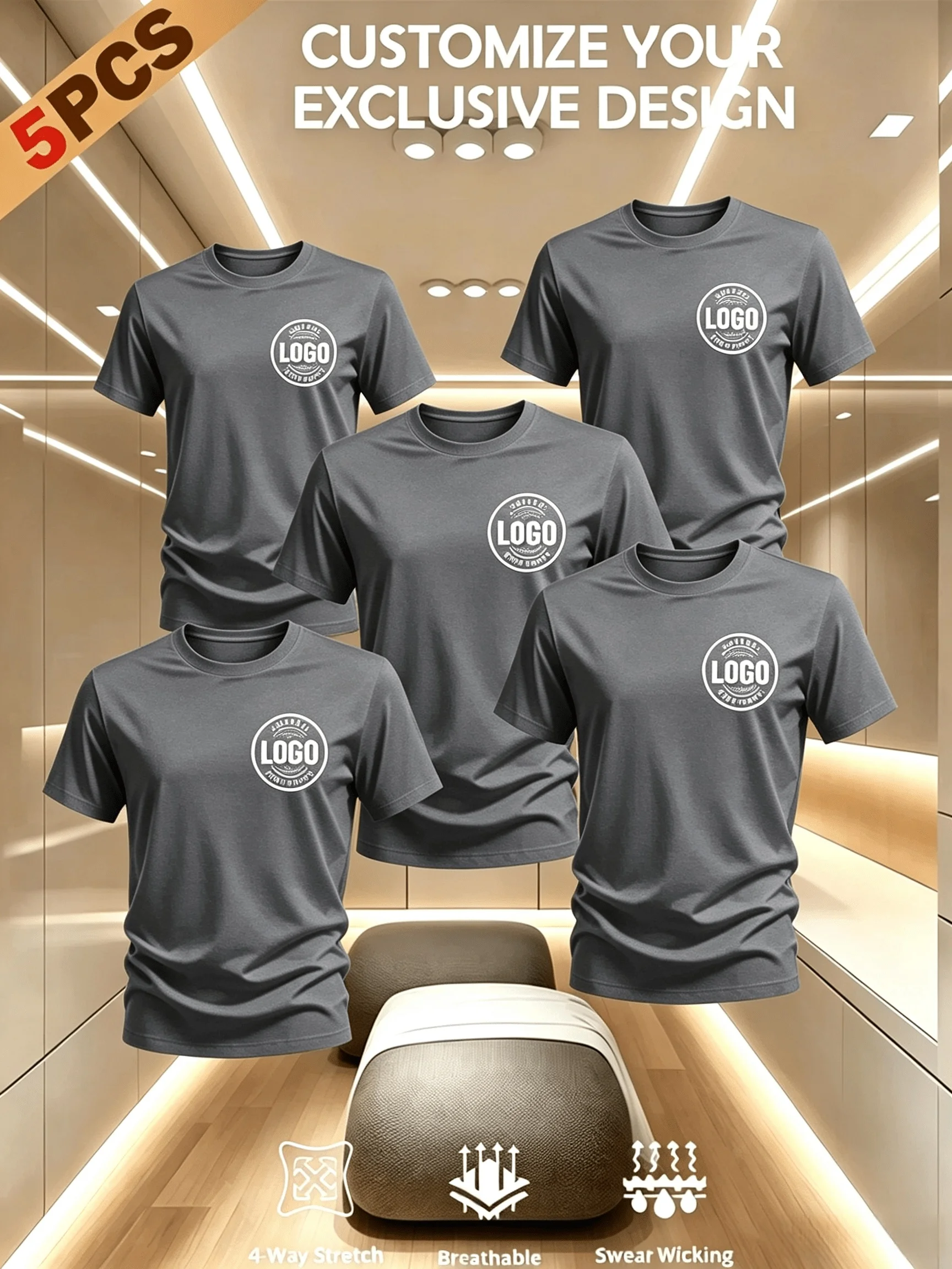 5PCS men's customizable round neck quick drying T-shirt, breathable and comfortable, suitable for fitness and exercise