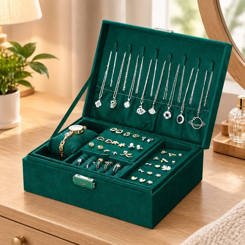Retro Velvet Jewelry Case with Dual Lock System, Spacious Storage for Watches, Necklaces & Earrings