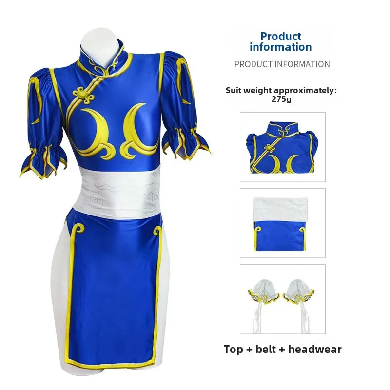 Game Chun Li Cosplay Costume  SF Chunli Role Play Blue Qipao Outfit Full Set Jackie Kung fu Halloween Party Suit For Fun