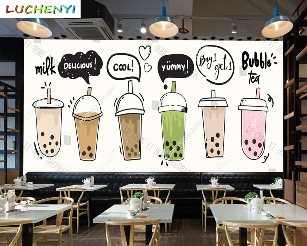 Custom cartoon bubble tea mural wallpaper restaurant ice cream cold drinking shop dining room wall papers home decor sticker