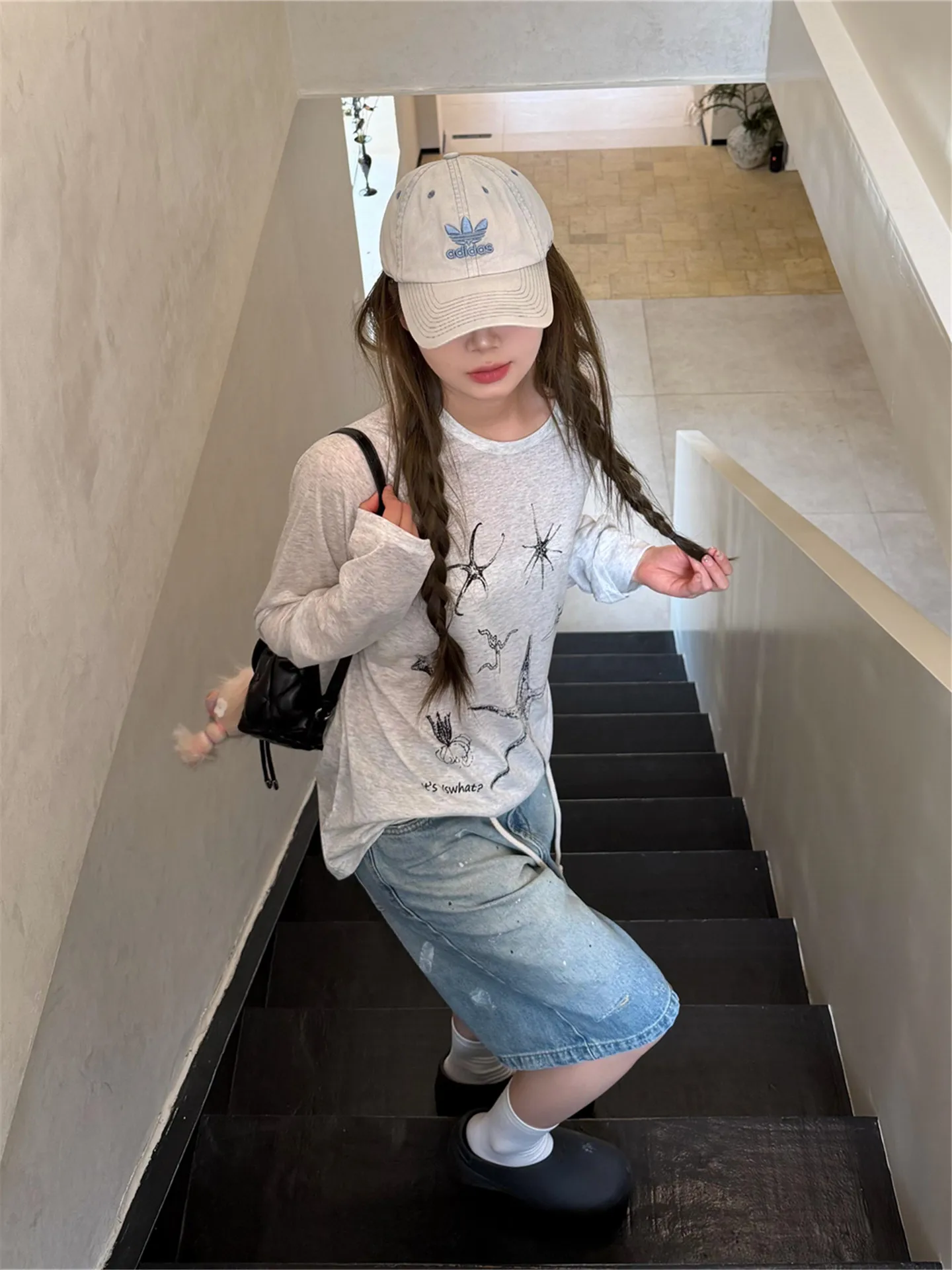 Retro American Splashed Ink Design Loose Women's Jeans Mid-Calf Summer Slimming Washed out Vintage Style High Waist Cotton